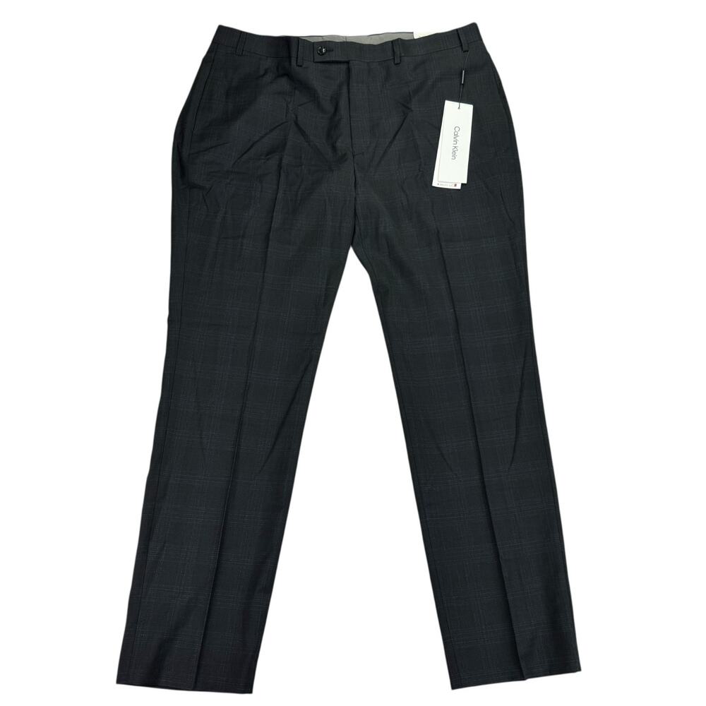 Calvin Klein Mens X Slim Fit Wool Stretch Plaid Suit Pants Black Blue 40x32